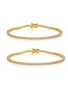 2 st 2,0 mm tennisarmband, 18K guldpläterat 2 mm kubisk zirkonia klassiskt tennisarmband - Guld*2 - Visa 1