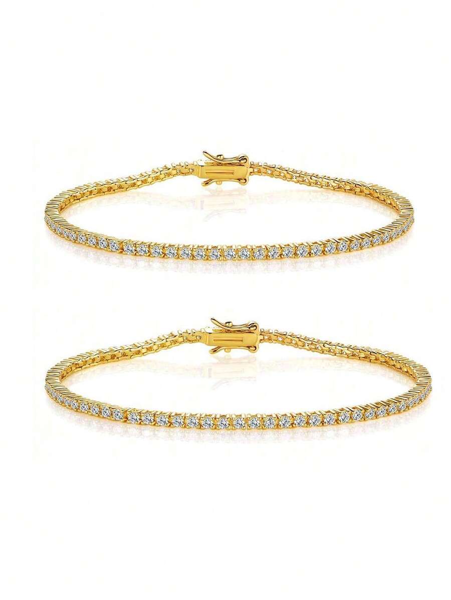 2 st 2,0 mm tennisarmband, 18K guldpläterat 2 mm kubisk zirkonia klassiskt tennisarmband - Guld*2 - Visa 1