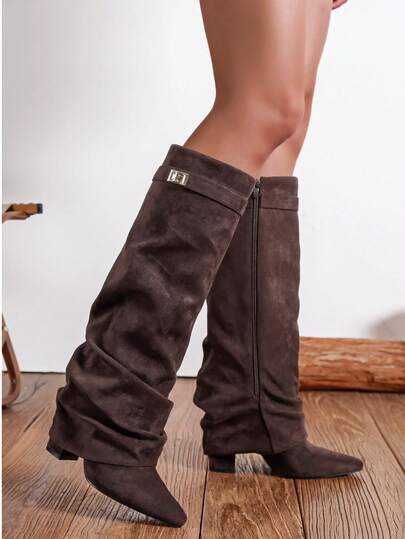 Slip-On Knee-High Boots With Chunky Heels, Minimalist And Versatile Pointed Toe, High Shaft, Women's Sexy Lady Rider Boots