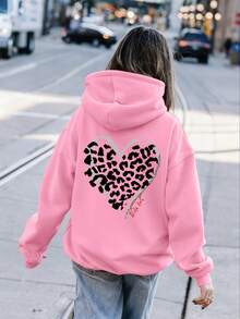 Y2K Leopard Heart, Tween Girls' Casual Fun Pattern Printed Thick Hooded Sweatshirt, Kids' Pullover Sweatshirt For Autumn/Winter - Pink - View 4