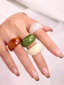 4件套创意秋冬扎染几何不对称弧形树脂戒指套装，时尚经典可爱饰品，适合女性参加派对和日常佩戴，粗犷玳瑁饰品 - 多色A - 查看 2