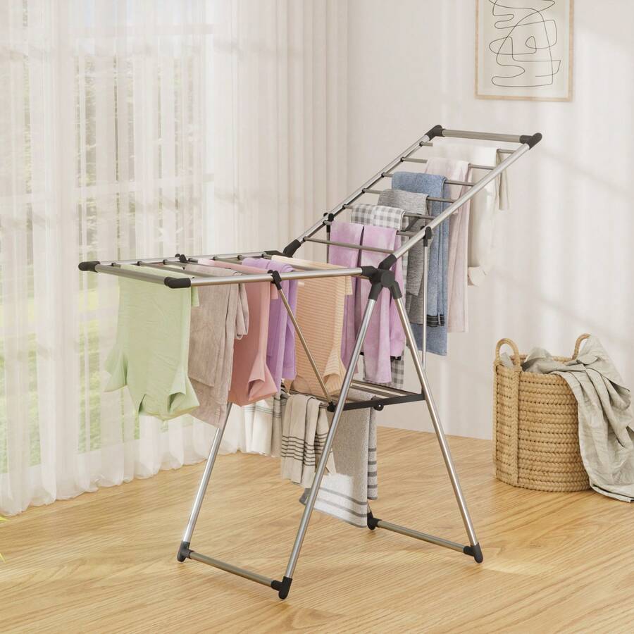 LOAKEKEL Foldable Clothes Drying Rack, Space-Saving And Free-Standing Clothes Horse,  Sturdy Metal Structure Airer With 2 Height-Adjustable Gullwings, Indoor And Outdoor Use, 80lb. Capacity - Svart - Visa 1