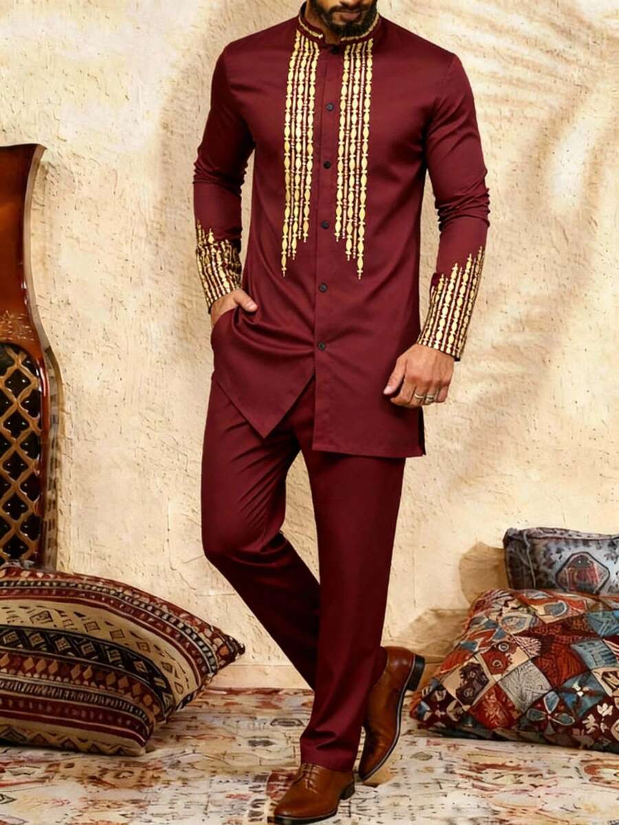 Men's Casual Long-Sleeved Two-Piece Suit, Mid-Length Top And Trousers - 酒紅色 - 查看 1