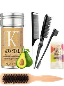 ikt 发蜡造型套装，适合打造光滑服帖的后梳发型，控制发际线，抚平毛躁头发，配有梳子和发际线刷，非常适合假发、马尾辫和辫子。