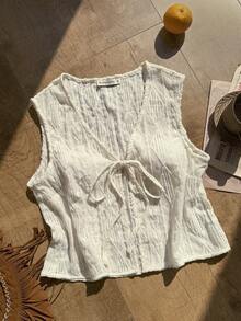 Rusttydustty Women's Young College Vintage Resort Bohemian Apricot Knitted Jacquard Tie-Up Vest - Apricot - View 9