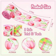 2 Rolls Pink Tulip Wired Ribbon - 2.5 Inch Wide, 10 Yards Total, Elegant Tulip Floral For Wedding Decor, DIY Crafts & Gift Wrapping, Romantic Pink Wired Edge Ribbon,PinkTulip - PinkTulip - 查看 4