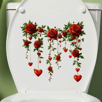 Pegatina para la tapa del inodoro con rosas colgantes para el Día de San Valentín, pegatinas de PVC autoadhesivas y removibles - Rosas rojas colgantes y hojas realistas para decoración del baño, fácil aplicación en el tanque del inodoro, asiento del inodoro, paredes - Perfecto para regalos del Día de San Valentín - Decoración del baño