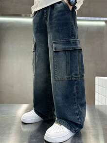 青少年/少年男童休闲直筒裤，百搭时尚工装裤，宽松阔腿裤 - 深色水洗藍 - 查看 2