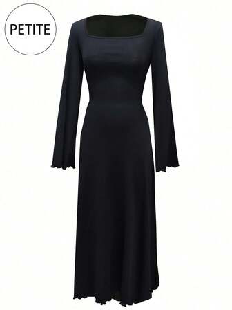 女士休闲圆领修身长喇叭袖后系带优雅日常街头秋冬长款连衣裙