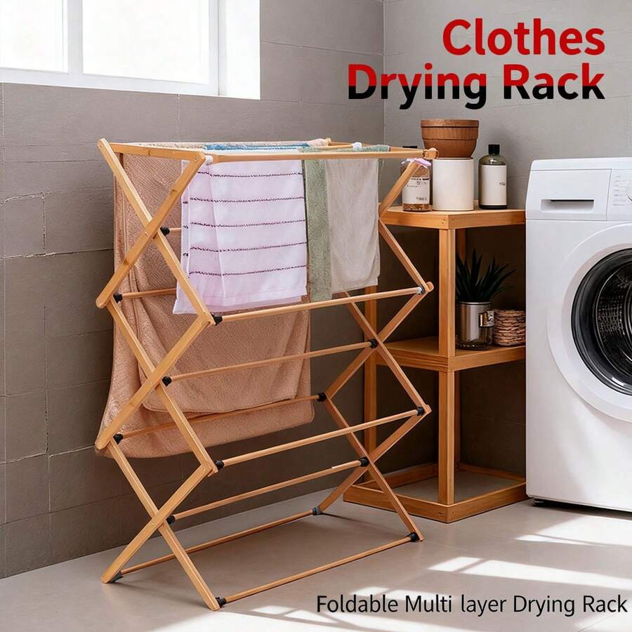 Tendedero de bambú desmontable, plegable y con toallero. Resistente, ideal para uso en interiores y exteriores. Multiusos (plegado). - Naranja - Ver 1