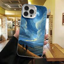 Cubierta de telefono con diseño de arte abstracto azul oscuro con paisaje estrellado y figuras caminando para uso diario en cafeterias y salas de estar - Blanco - Ver 7