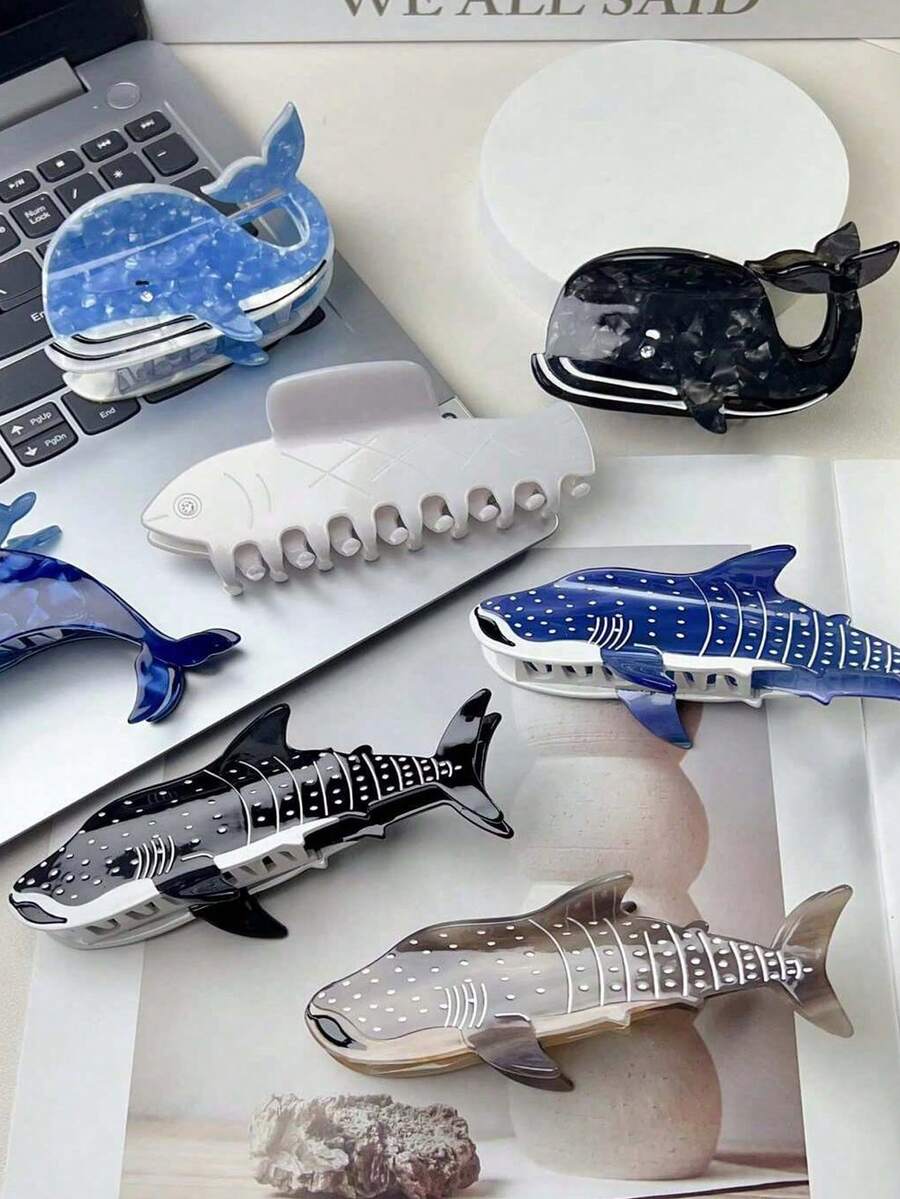 1个亚克力鲨鱼、鲸鱼、海洋动物造型发爪夹，独特小众海洋系列发饰，大号优雅发爪夹，时尚发夹，女士发饰