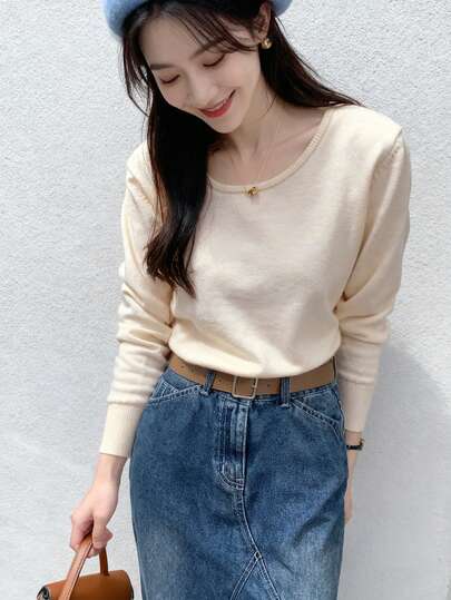 女士纯色宽松休闲套头落肩短款针织毛衣