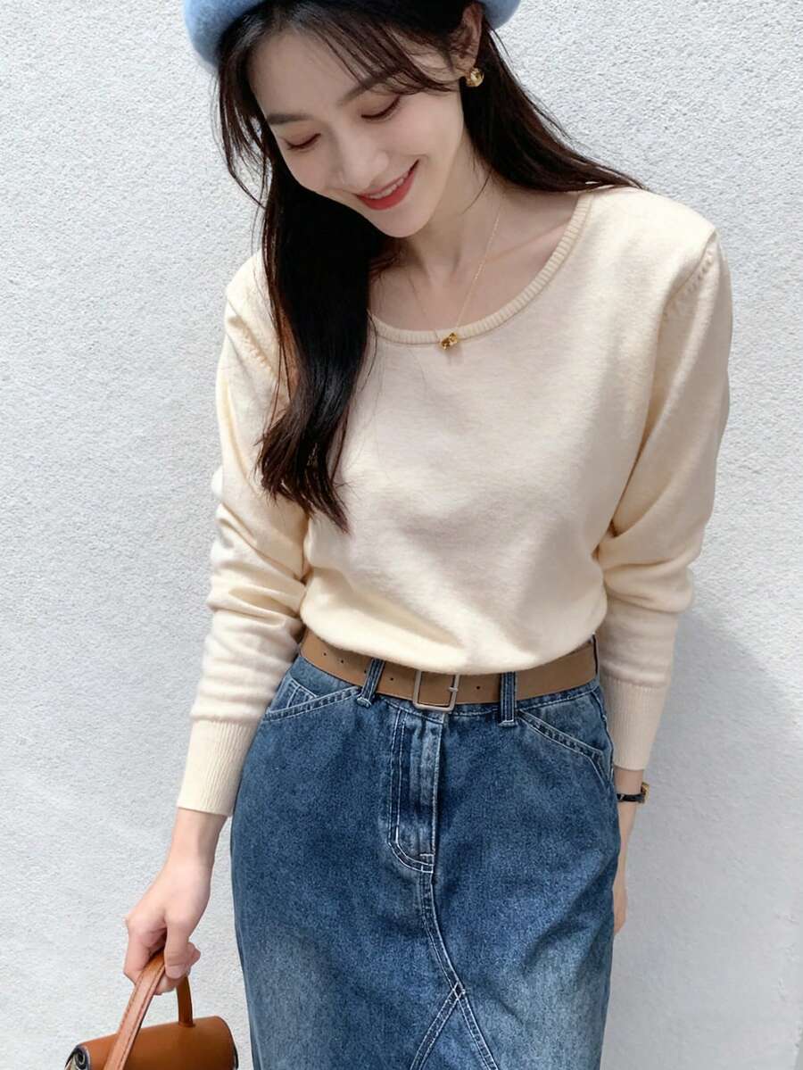 Women's Solid Color Loose Fit Casual Pullover Dropped Shoulder Short Knit Sweater - Apricot - View 1