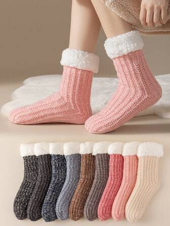 1 par de calcetines medianos multicolor de mujer de felpa, gruesos y cálidos para el invierno, adecuados para usar en casa