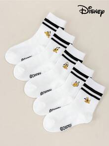 Disney 1/5 Pairs Cartoon Character Printed Mid-Calf Socks For Kids, Featuring Pluto/Mickey/Stitch/Minnie//Daisy, White Socks, Girls/Boys Casual Socks, Daily Wear/Party Gift/Easter/Spring & Summer, Thin - Multicolor - View 2