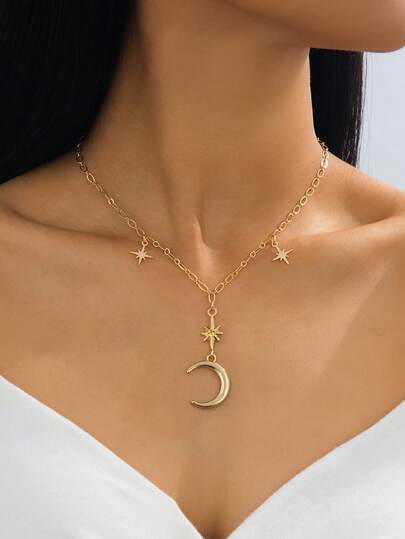 1 pieza Collar de mujer con colgante de estrella y luna de color dorado, joyería de moda clásica bohemia octagonal para fiesta y festival