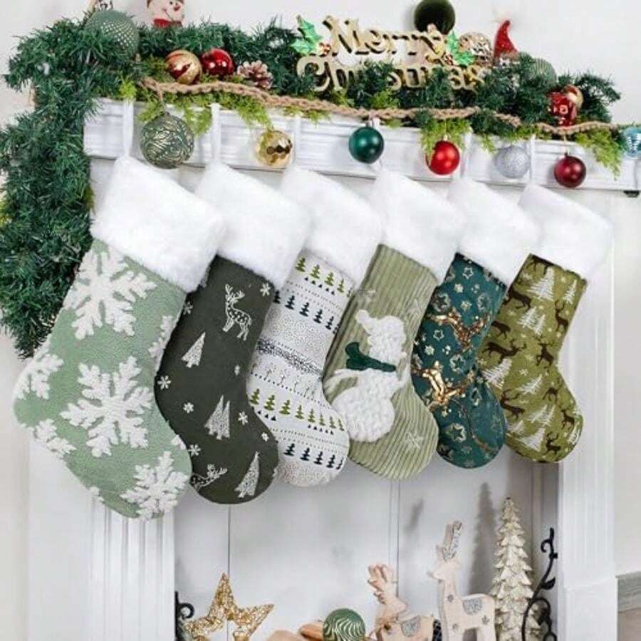 LUBOT - Paquete de medias de Navidad de 20 pulgadas, color rojo y verde, a cuadros, mezcla y combina clásica, rústica, de algodón, para colgar en la chimenea, para decoración de la temporada de día(Verde 6) - Multicolor - Ver 1