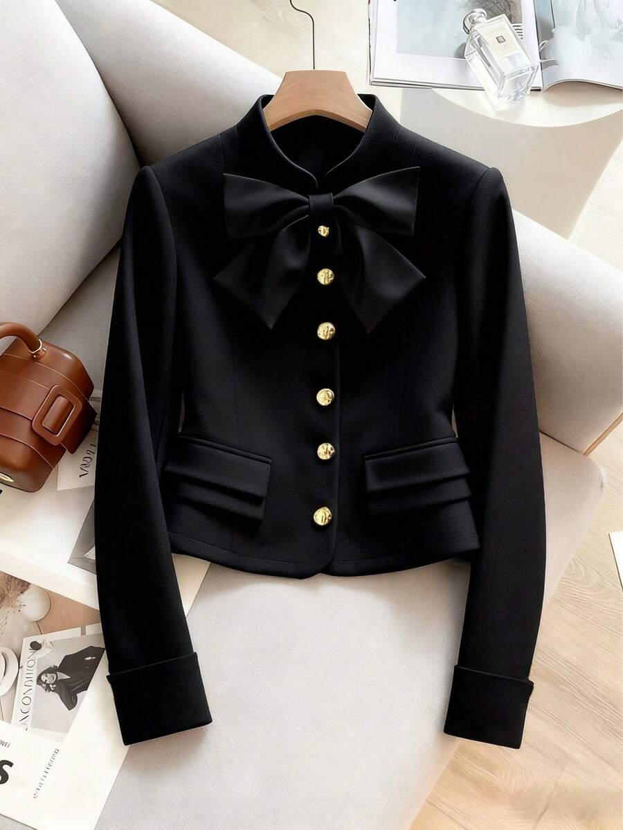 Áo kiểu nữ thời Victoria tay dài cổ nơ, kiểu Phục Hưng, màu trơn mùa thu, cài cúc phía trước, túi giả. Thích hợp cho Ngày Valentine, Năm mới.