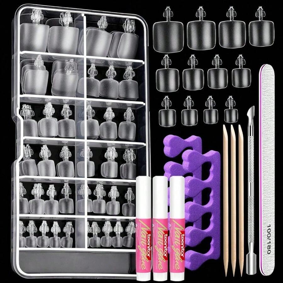 120 Pcs False Toenails White Color Square Shape Press On Nail Tips With Nail Glue Adhesive Tabs Toe Nail Art Kit For Pedicure Home Salon Vacation Travel Use - 霧面的 - 查看 1