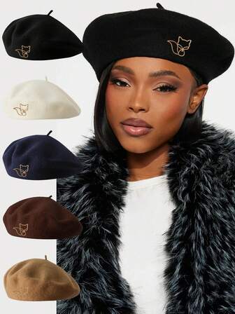 女士贝雷帽，冬季保暖帽，八角帽，报童帽，狐狸毛配饰，百搭休闲复古风，适合冬季佩戴