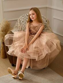 少女圣诞优雅亮片拖尾薄纱公主裙，适合生日派对、花童、婚礼、舞会、节日场合