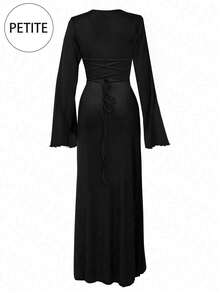 Women Casual Round Neck Bodycon Long Flare Sleeves Back Tie Elegant Daily Street Fall Winter Long Dress - Black - View 2