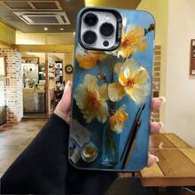 Cubierta de telefono con diseño floral amarillo y azul para iPhone 14 Pro Max con texto artístico ideal para uso diario en cafeterias y salones - Blanco - Ver 4