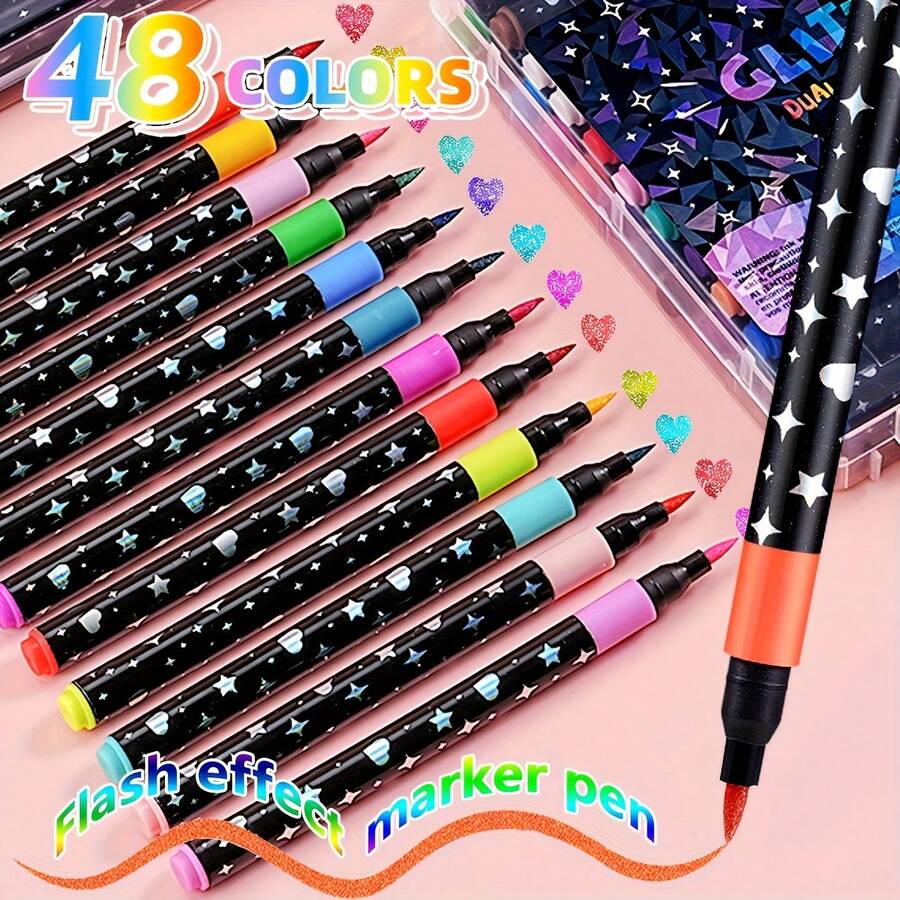 Bộ 24/48 bút nhũ nhiều màu sắc, bút vẽ và graffiti, đầu bút dày và mềm, chống phai màu, bút nhũ ánh ngọc trai, đầu bút lông mềm đơn, bút màu nước, thích hợp cho học sinh mỹ thuật, đồ dùng học tập, dụng cụ học tập, vẽ ngoài trời, phần thưởng giảng dạy, quà tặng tiệc tùng, quà tặng hoàn hảo cho gia đình và bạn bè vào dịp Giáng sinh, Halloween, Lễ Tạ ơn và năm học mới.