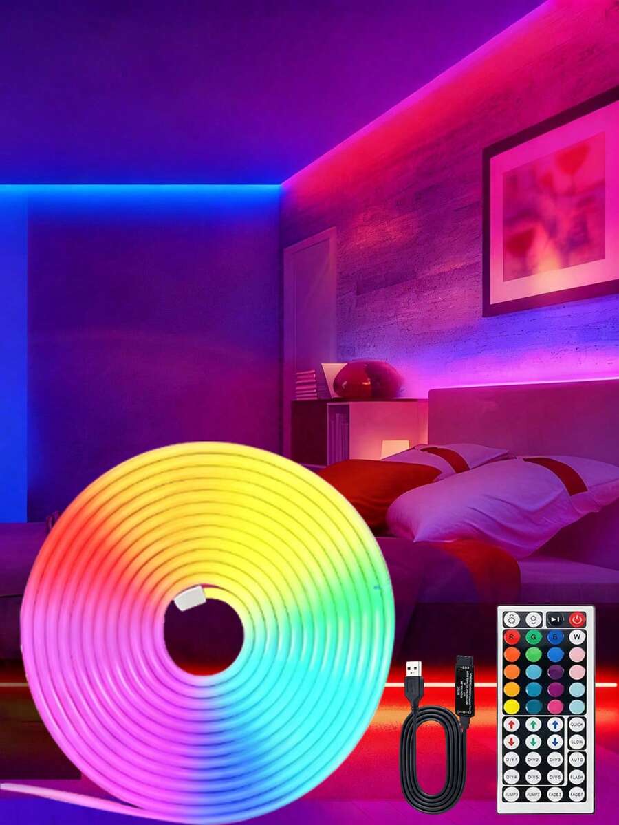 16-100ft Neon LED Light Strip, Suitable For Room Decoration, RGB LED Light Strip With Remote Control, Outdoor Use, Flexible Neon Rope Light, Suitable For Bedroom Decoration, Living Room, Gaming, Halloween Party Decoration - 彩色 - 查看 1