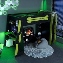 MERAX Twin Size Wood Loft Bed With Desk, Multi-Storage Shelves And RGB Light, Green - màu xanh lá - Xem 3