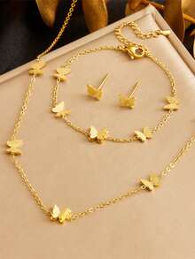 1 套镀金不锈钢蝴蝶耳环、项链、手链首饰套装 - 金色 - 查看 7