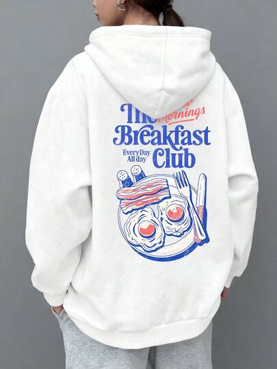 여성용 플러스 사이즈 루즈 캐주얼 웨어, 아침 식사 테마, 계란 프라이 베이컨, "Breakfast Club" 텍스트 패턴 프린트, 드로스트링 브림 디자인의 후드티, 패셔너블하고 버서타일하며 가을과 겨울 착용에 적합하며 여성 스포츠 및 캐주얼 웨어에 이상적인 선택입니다.