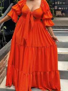 Plus Size Women's Tie Front Lotus Sleeve Solid Color Tiered Maxi Dress, Casual Vacation Style, Plus Size Outfit, Ins Vibe, Extra Voluminous Dress, Plus Size Clothing - Burnt Orange - View 2