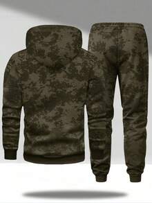 Bộ 2 áo hoodie nhuộm loang màu và quần jogger dây rút cho nam, họa tiết in chữ. Áo hoodie có dây rút và túi, quần có dây rút ở eo. Phù hợp với thời trang đường phố, chạy bộ, đi làm, du lịch, hoạt động ngoài trời vào mùa xuân, thu và đông. Món quà lý tưởng cho chồng hoặc bạn trai. - xanh quân đội - Xem 2