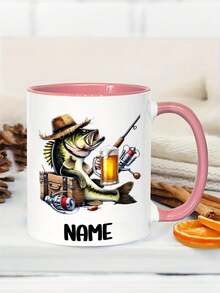 Personalized Fishing Mug With Customizable Name And Text, Fun Jumping Fish Pattern, Insulated Ceramic Coffee Cup With Black Handle, 7 Colors Available, Dishwasher Compatible, Mugs For Men - Multicolor - View 9