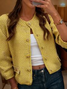 FOR BEAUTY Spring And Autumn Winter New Cream Yellow Button Round Neck Long Sleeve Knitted Cardigan Top For Ladies, Elegant And Suitable For Commuting And Dating Coat Back To School Fall Clothes Christmas New Year - Màu vàng - Xem 1