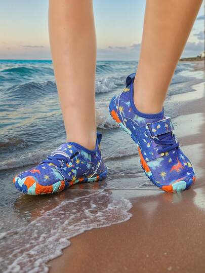 儿童夏季新款水上运动鞋，随机动物纹印花，透气网面鞋面，低帮，速干赤足鞋，男童沙滩/游泳鞋，橡胶防滑鞋底，户外骑行，室内健身瑜伽跑步跳跃多功能训练鞋