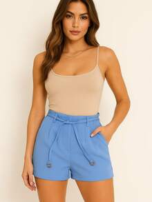 Women's Tailored Shorts With Belt, High Waist, Elegant And Comfortable, Knot Pocket - 淺藍色 - 查看 2