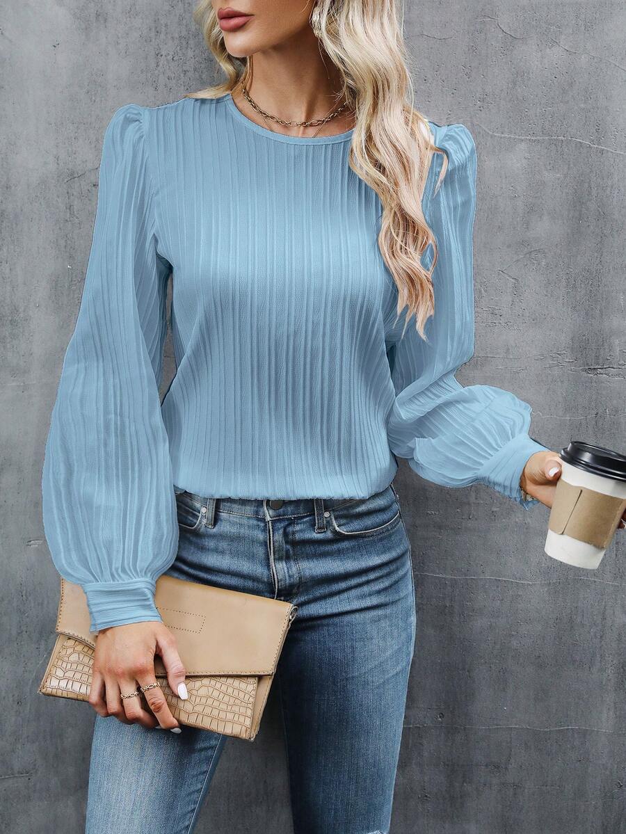 White Textured Striped Crew Neck Bishop Sleeve Blouse, Women Autumn Spring - Baby Blue - View 1