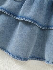 1pc Baby Girl Casual Cute Rabbit Embroidery Denim Bib Dress, Light Blue, Spring/Summer/Autumn - Blue - View 6