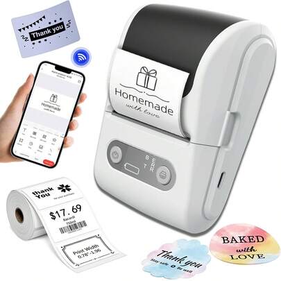 OBOVAY 1pc Portable Mini Thermal Label Printer/Paper, Bluetooth Handheld Home Receipt Barcode Printer, Thermal Printing No Ink, Create Labels Anytime, Thoughtful Gift For Friends And Family