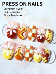 24片短椭圆形3D凝胶美甲贴纸，黄棕色，带有3D花朵、金粉和网格设计，展现迷人女性风格，适用于亚克力美甲套装，包含1瓶果冻胶和1把指甲锉，适合日常佩戴或派对美甲。 - 查看 3