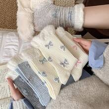 2 Pairs Of Bow Tie Socks With Slight Pressure Mouth, Mid Tube Socks, Sweet Autumn And Winter Stacking Socks - 淺灰藍 - 查看 1