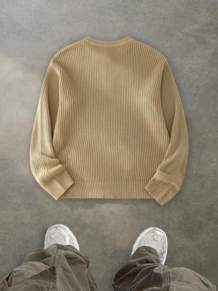 メンズ コンフォータブル ミニマリスト ボタンディテール 長袖 クルーネック セーター、カジュアル 多用途 デイリーウェア、秋冬 - カーキ - 見る 2