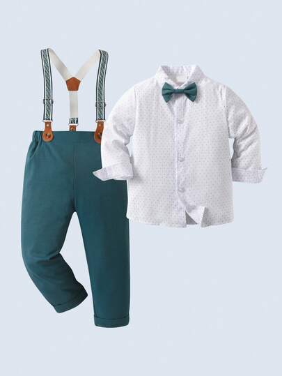 BOARNSEORL 2pcs Young Boys Gentleman Outfit - Long Sleeve Collared Shirt With Bow Tie And Green Suspender Pants, Fashionable And Stylish For Birthday Party, Wedding, Anniversary