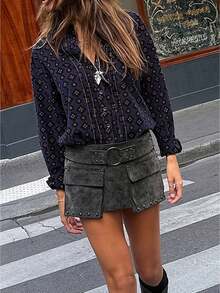 Women's Y2k Grunge Punk Suede Low Rise Rivet Belted Mini Skirt With Pocket For Party Clubwear - Black - View 3