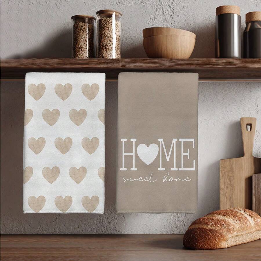 MEMNUN 2条装奶茶色水彩爱心“家，甜蜜的家”标语印花厨房毛巾，15.75*23.62英寸（40*60厘米），超柔软吸水超细纤维洗碗布，厨房装饰，家居用品，适用于餐厅、厨房、家居装饰和礼品，四季皆宜。 - 彩色 - 查看 1
