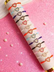 6Pcs/Lot Exquisite Fashion Cute Sweet Girls Boys Bracelets With Rhinestones Acrylic Beads Adjustable Drawstring Styles Birthday Party Children's Day Gifts Daily Wearing Accessories Random Styles - 6 Rhinestone Heart Drawstring Bracelet - View 3