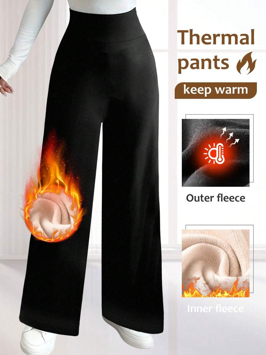 Women's High Waist Fleece Wide Leg Pants - Solid Color, Soft Brushed Comfortable Loose Fit, Warm Design, Casual Pants For Autumn/Winter, Outdoor Versatile Straight Leg Trousers With Elastic Waistband - Black - View 1